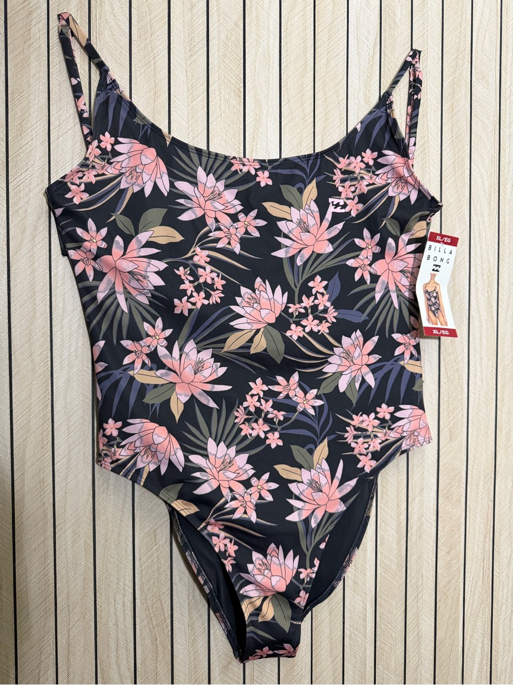 Billabong Black Swimsuit with Pink Floral Print and Olive Leaves